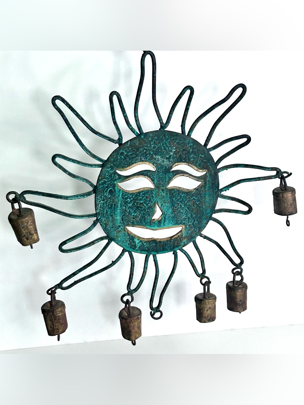 Rustic Metal Copper Sun Face Wind Chime Weathered Verdigis Patina and Cow Bells
